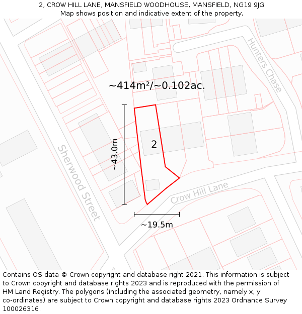 2, CROW HILL LANE, MANSFIELD WOODHOUSE, MANSFIELD, NG19 9JG: Plot and title map