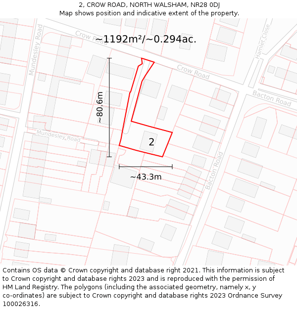 2, CROW ROAD, NORTH WALSHAM, NR28 0DJ: Plot and title map