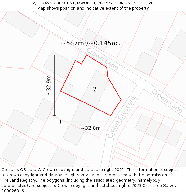 2, CROWN CRESCENT, IXWORTH, BURY ST EDMUNDS, IP31 2EJ: Plot and title map