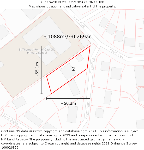 2, CROWNFIELDS, SEVENOAKS, TN13 1EE: Plot and title map