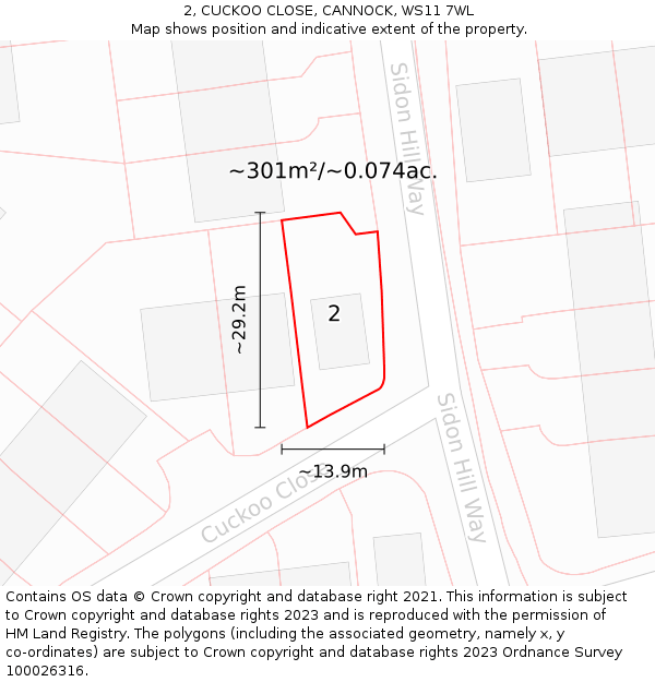 2, CUCKOO CLOSE, CANNOCK, WS11 7WL: Plot and title map