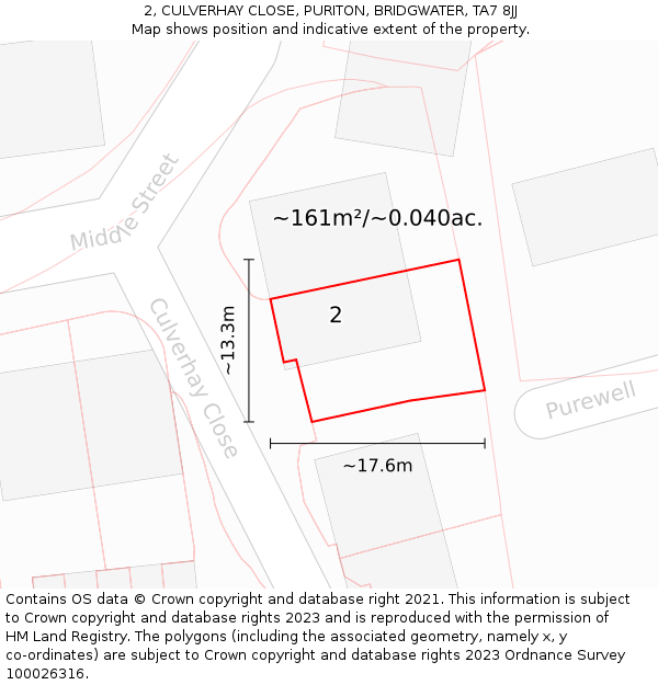 2, CULVERHAY CLOSE, PURITON, BRIDGWATER, TA7 8JJ: Plot and title map