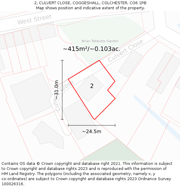 2, CULVERT CLOSE, COGGESHALL, COLCHESTER, CO6 1PB: Plot and title map