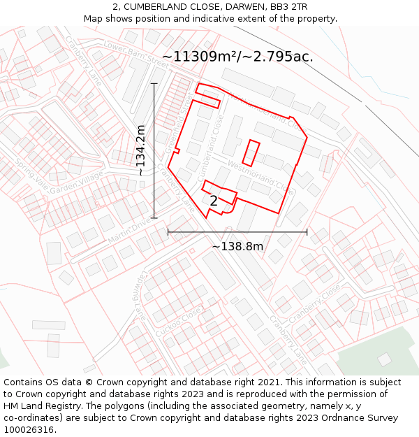 2, CUMBERLAND CLOSE, DARWEN, BB3 2TR: Plot and title map