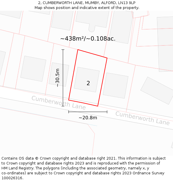 2, CUMBERWORTH LANE, MUMBY, ALFORD, LN13 9LP: Plot and title map