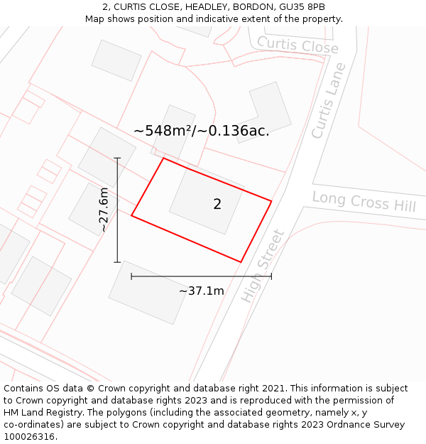 2, CURTIS CLOSE, HEADLEY, BORDON, GU35 8PB: Plot and title map