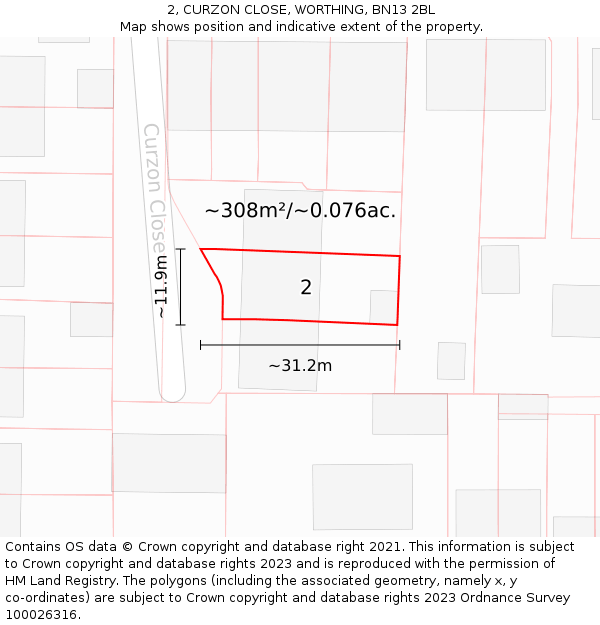 2, CURZON CLOSE, WORTHING, BN13 2BL: Plot and title map