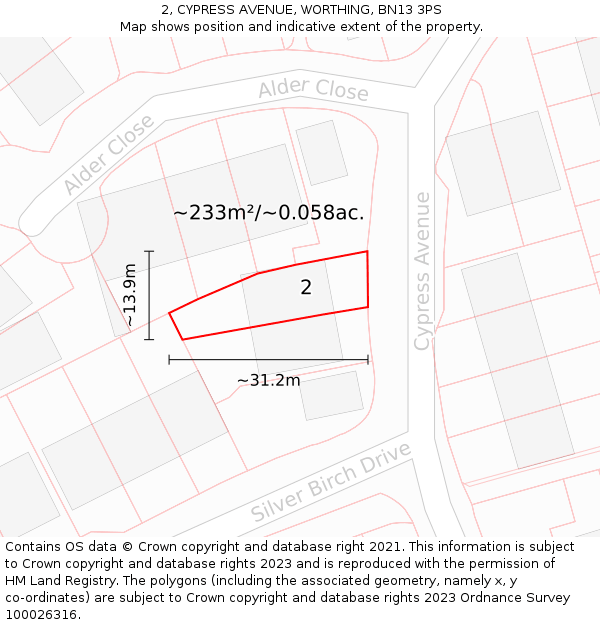 2, CYPRESS AVENUE, WORTHING, BN13 3PS: Plot and title map