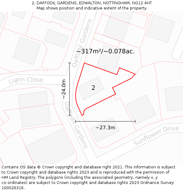 2, DAFFODIL GARDENS, EDWALTON, NOTTINGHAM, NG12 4HT: Plot and title map