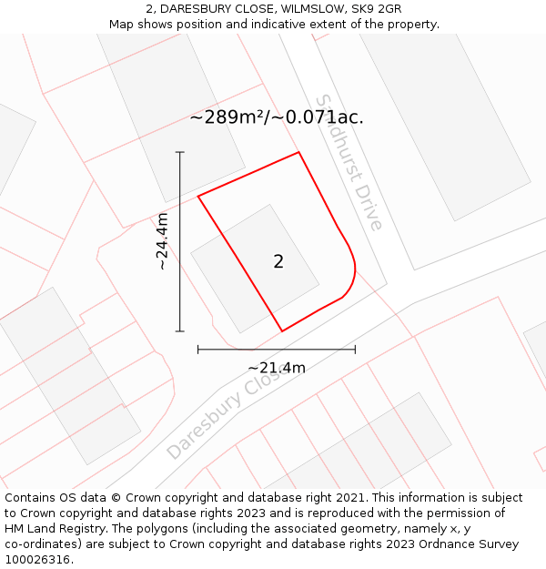 2, DARESBURY CLOSE, WILMSLOW, SK9 2GR: Plot and title map