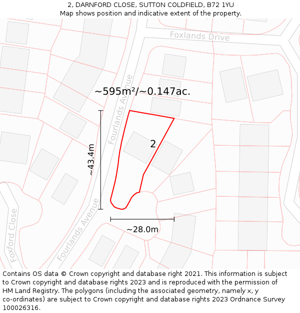 2, DARNFORD CLOSE, SUTTON COLDFIELD, B72 1YU: Plot and title map