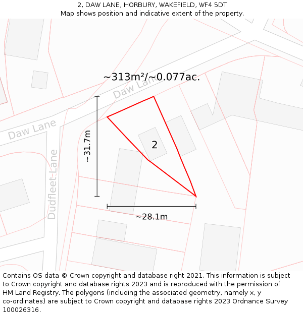 2, DAW LANE, HORBURY, WAKEFIELD, WF4 5DT: Plot and title map