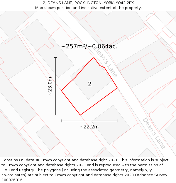 2, DEANS LANE, POCKLINGTON, YORK, YO42 2PX: Plot and title map