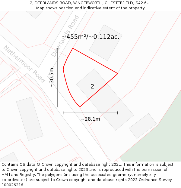 2, DEERLANDS ROAD, WINGERWORTH, CHESTERFIELD, S42 6UL: Plot and title map