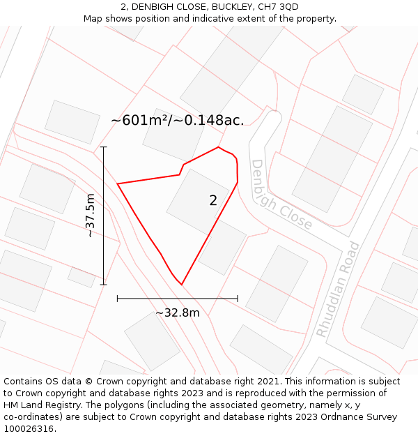 2, DENBIGH CLOSE, BUCKLEY, CH7 3QD: Plot and title map