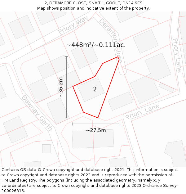 2, DERAMORE CLOSE, SNAITH, GOOLE, DN14 9ES: Plot and title map