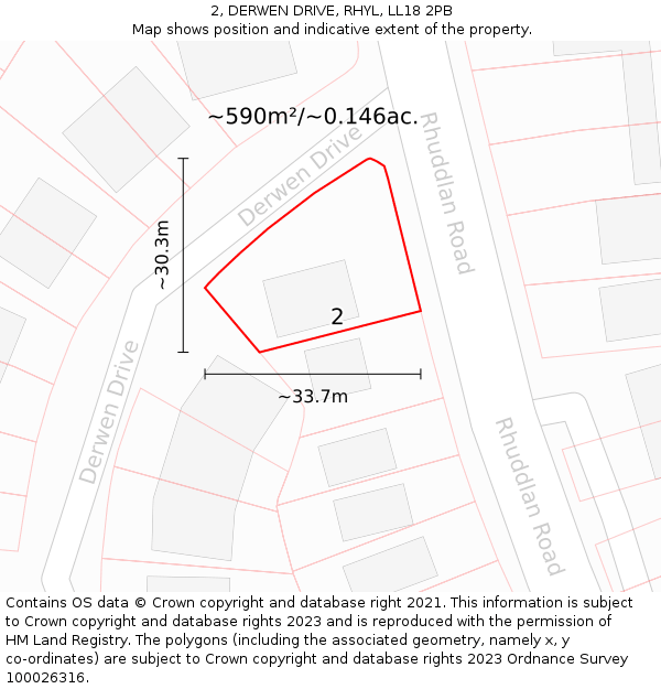 2, DERWEN DRIVE, RHYL, LL18 2PB: Plot and title map