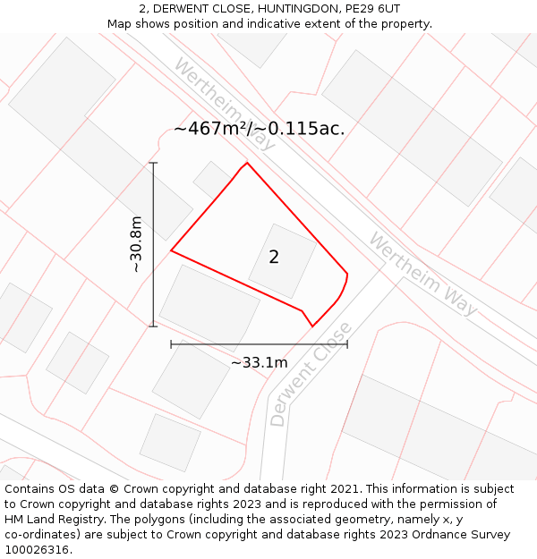 2, DERWENT CLOSE, HUNTINGDON, PE29 6UT: Plot and title map