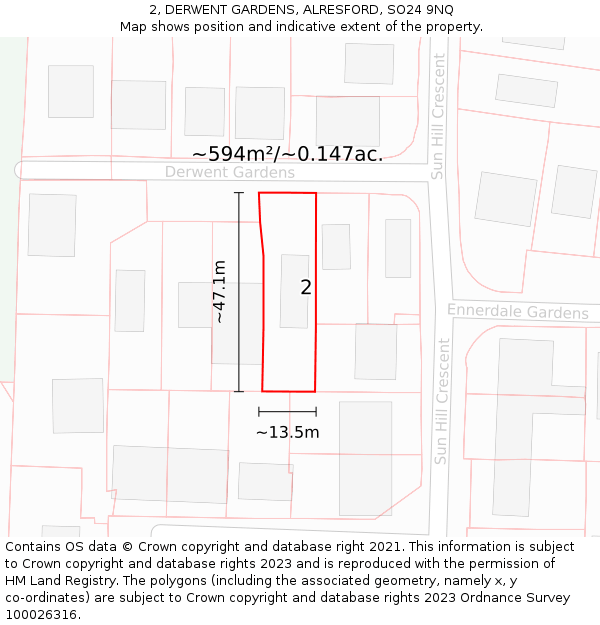 2, DERWENT GARDENS, ALRESFORD, SO24 9NQ: Plot and title map