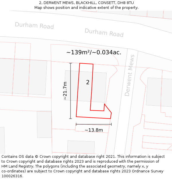 2, DERWENT MEWS, BLACKHILL, CONSETT, DH8 8TU: Plot and title map