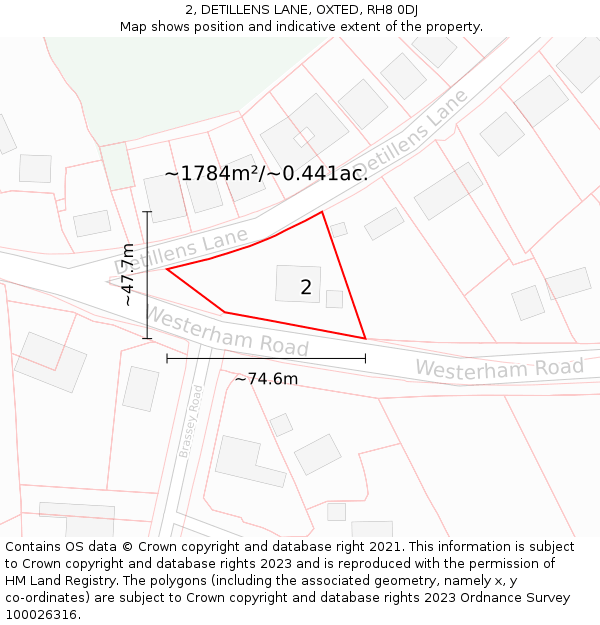 2, DETILLENS LANE, OXTED, RH8 0DJ: Plot and title map