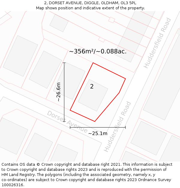 2, DORSET AVENUE, DIGGLE, OLDHAM, OL3 5PL: Plot and title map