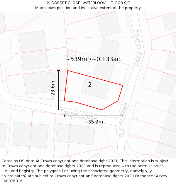 2, DORSET CLOSE, WATERLOOVILLE, PO8 9JG: Plot and title map