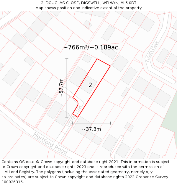 2, DOUGLAS CLOSE, DIGSWELL, WELWYN, AL6 0DT: Plot and title map