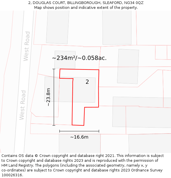 2, DOUGLAS COURT, BILLINGBOROUGH, SLEAFORD, NG34 0QZ: Plot and title map