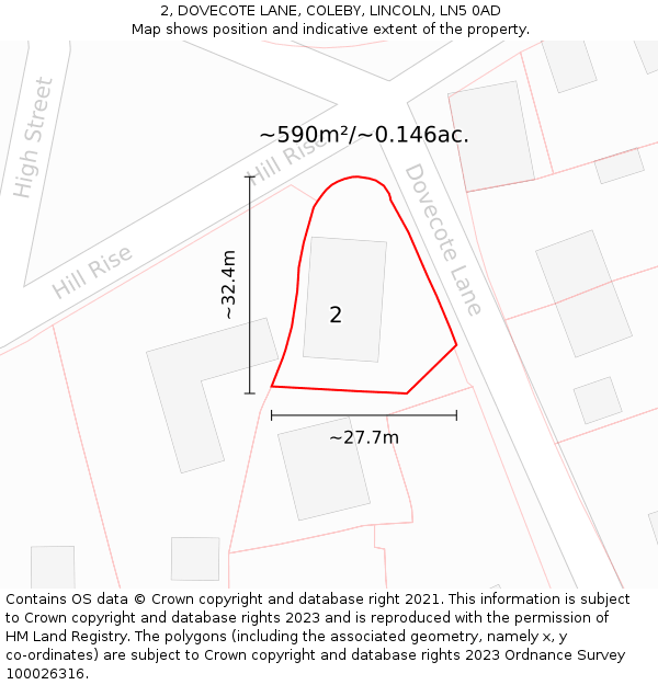 2, DOVECOTE LANE, COLEBY, LINCOLN, LN5 0AD: Plot and title map