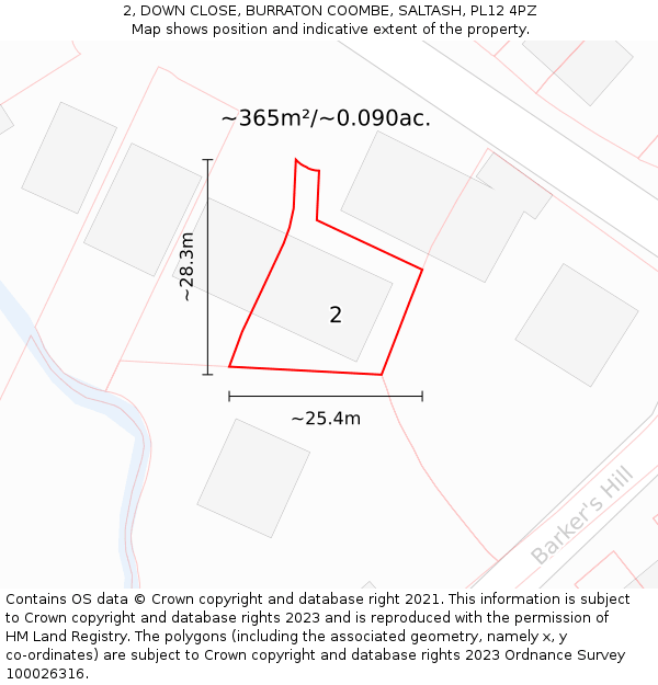 2, DOWN CLOSE, BURRATON COOMBE, SALTASH, PL12 4PZ: Plot and title map