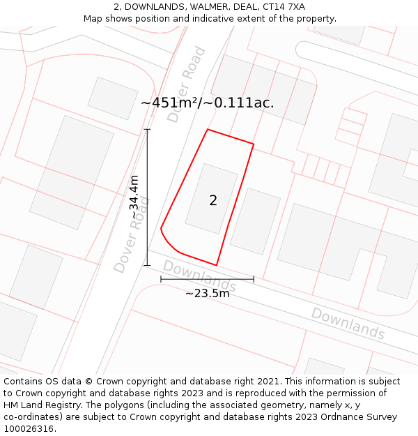 2, DOWNLANDS, WALMER, DEAL, CT14 7XA: Plot and title map