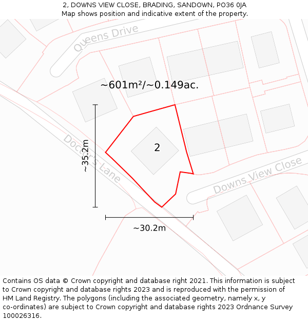 2, DOWNS VIEW CLOSE, BRADING, SANDOWN, PO36 0JA: Plot and title map