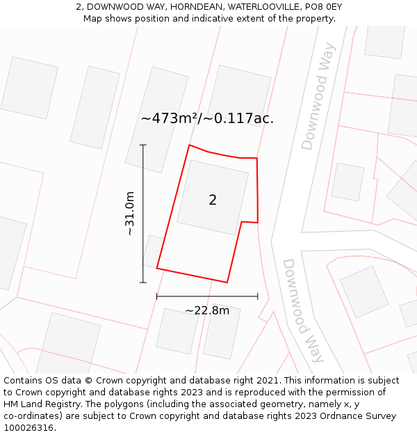 2, DOWNWOOD WAY, HORNDEAN, WATERLOOVILLE, PO8 0EY: Plot and title map