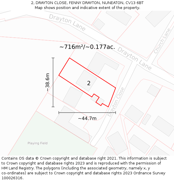 2, DRAYTON CLOSE, FENNY DRAYTON, NUNEATON, CV13 6BT: Plot and title map