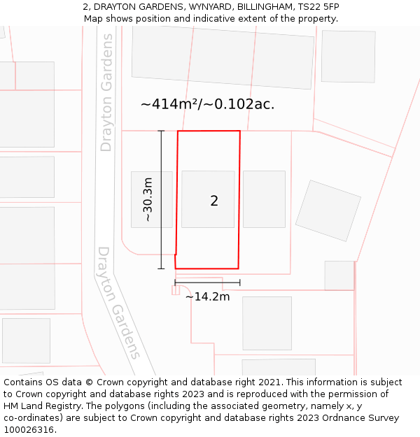 2, DRAYTON GARDENS, WYNYARD, BILLINGHAM, TS22 5FP: Plot and title map