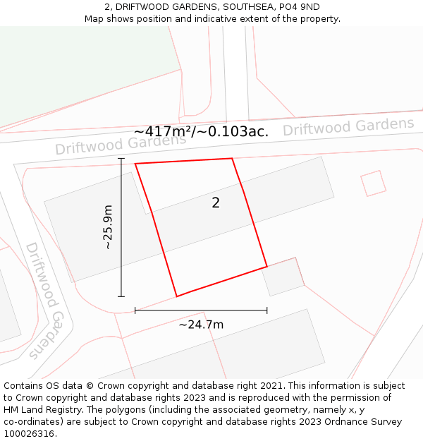 2, DRIFTWOOD GARDENS, SOUTHSEA, PO4 9ND: Plot and title map