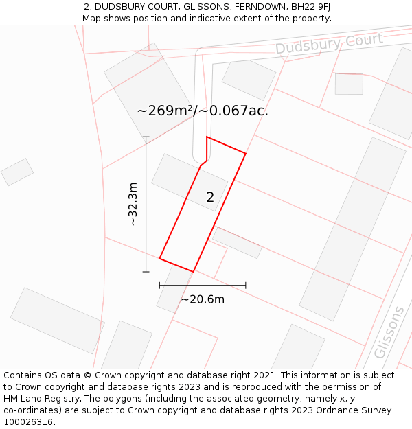 2, DUDSBURY COURT, GLISSONS, FERNDOWN, BH22 9FJ: Plot and title map