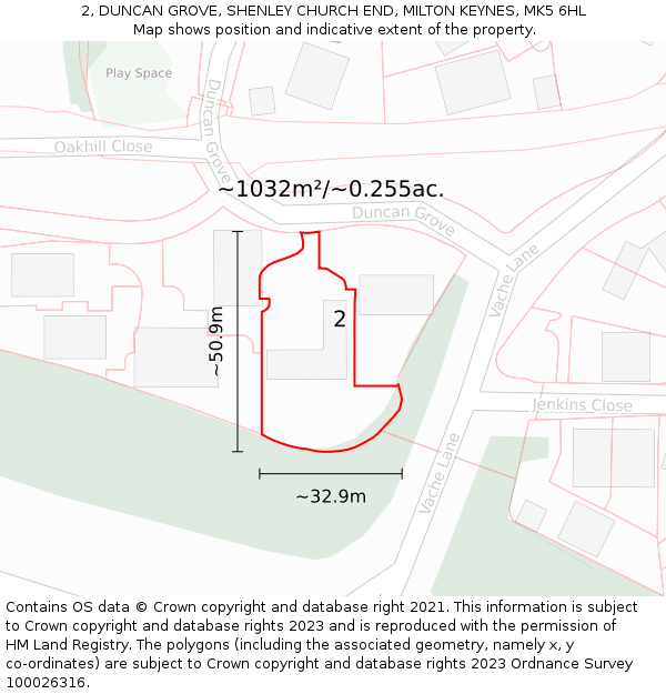 2, DUNCAN GROVE, SHENLEY CHURCH END, MILTON KEYNES, MK5 6HL: Plot and title map