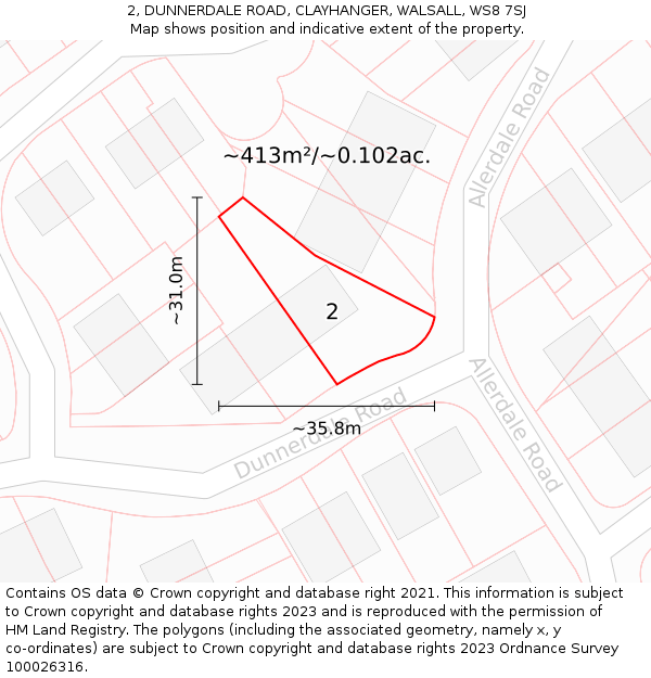 2, DUNNERDALE ROAD, CLAYHANGER, WALSALL, WS8 7SJ: Plot and title map