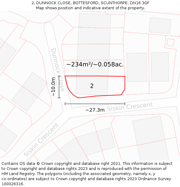 2, DUNNOCK CLOSE, BOTTESFORD, SCUNTHORPE, DN16 3GF: Plot and title map