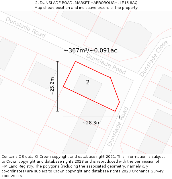 2, DUNSLADE ROAD, MARKET HARBOROUGH, LE16 8AQ: Plot and title map