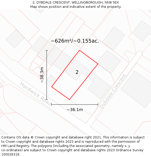 2, DYBDALE CRESCENT, WELLINGBOROUGH, NN8 5EX: Plot and title map