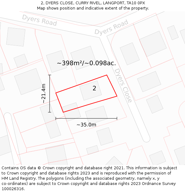 2, DYERS CLOSE, CURRY RIVEL, LANGPORT, TA10 0PX: Plot and title map