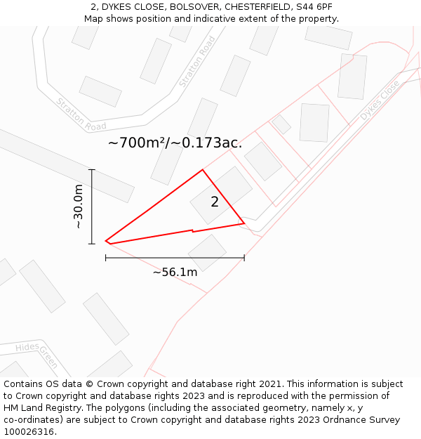 2, DYKES CLOSE, BOLSOVER, CHESTERFIELD, S44 6PF: Plot and title map