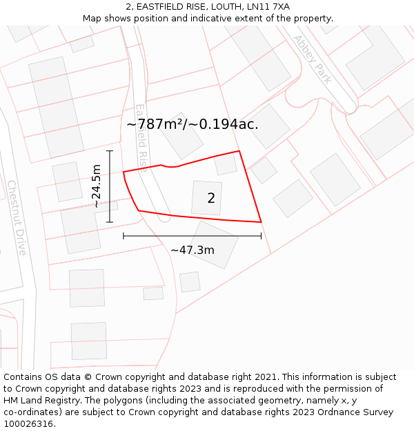 2, EASTFIELD RISE, LOUTH, LN11 7XA: Plot and title map