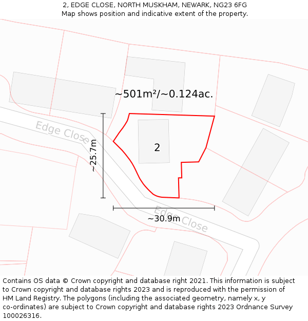 2, EDGE CLOSE, NORTH MUSKHAM, NEWARK, NG23 6FG: Plot and title map