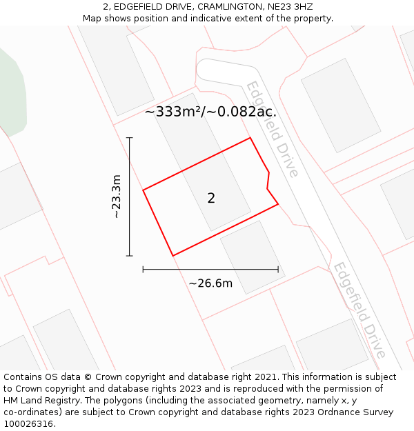 2, EDGEFIELD DRIVE, CRAMLINGTON, NE23 3HZ: Plot and title map