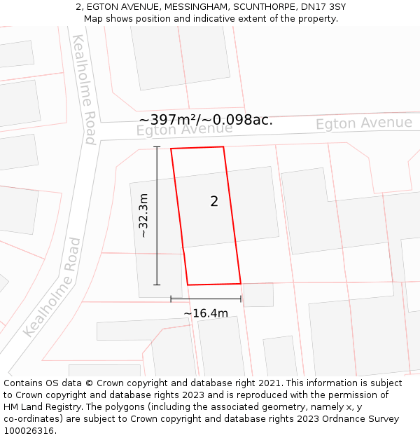 2, EGTON AVENUE, MESSINGHAM, SCUNTHORPE, DN17 3SY: Plot and title map