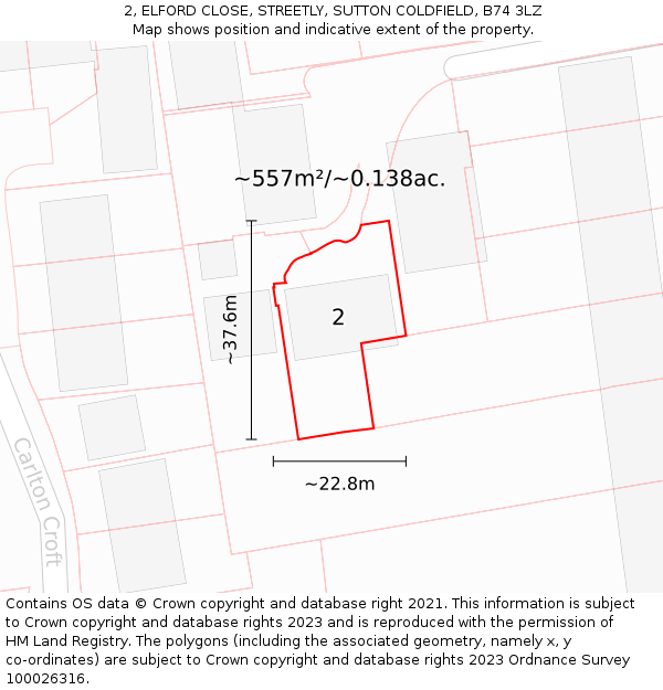 2, ELFORD CLOSE, STREETLY, SUTTON COLDFIELD, B74 3LZ: Plot and title map